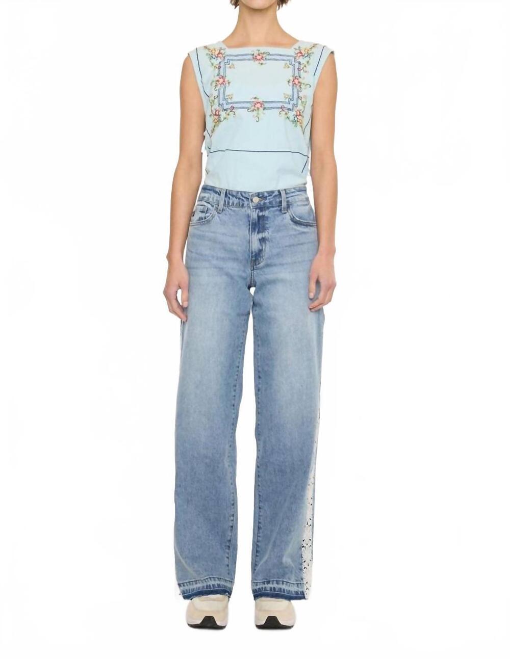NEW KANCAN high rise lace trim wide leg jean in medium wash